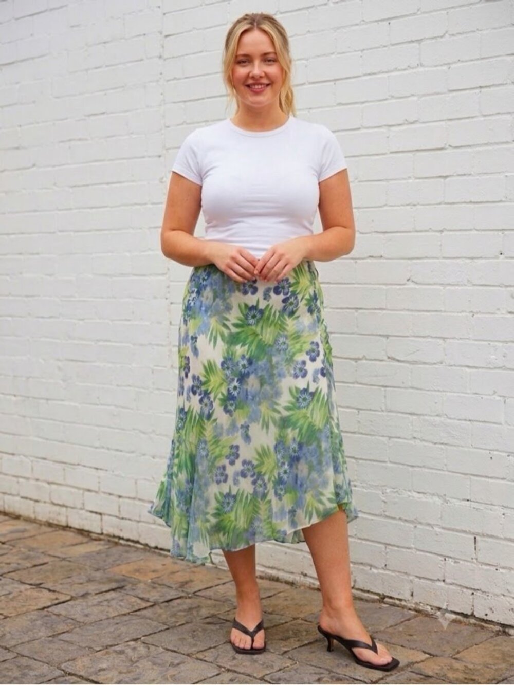 Y2K Fairycore Floral Midi Low Rise Skirt Women Size Large Blue Chiffon Whimsy